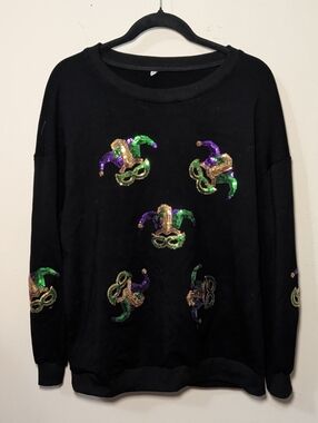 Mardi Gras Sweatshirt with Sequin Jester Masks Black Purple Gold Green Size XL